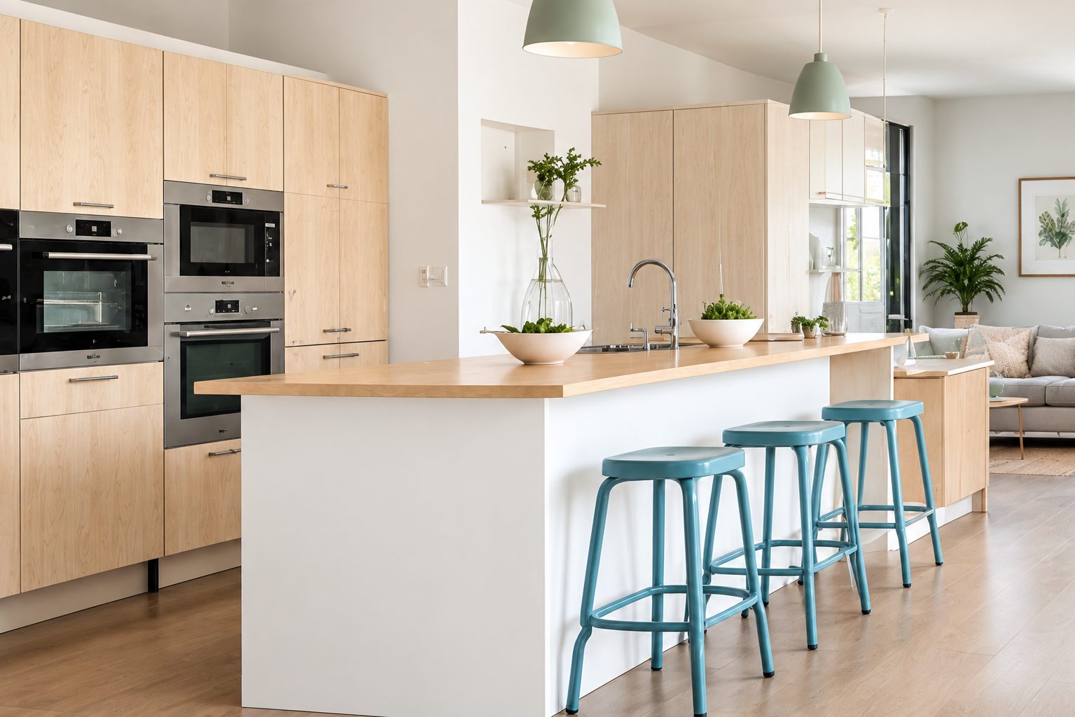 Cuisine claire avec îlot central et tabourets